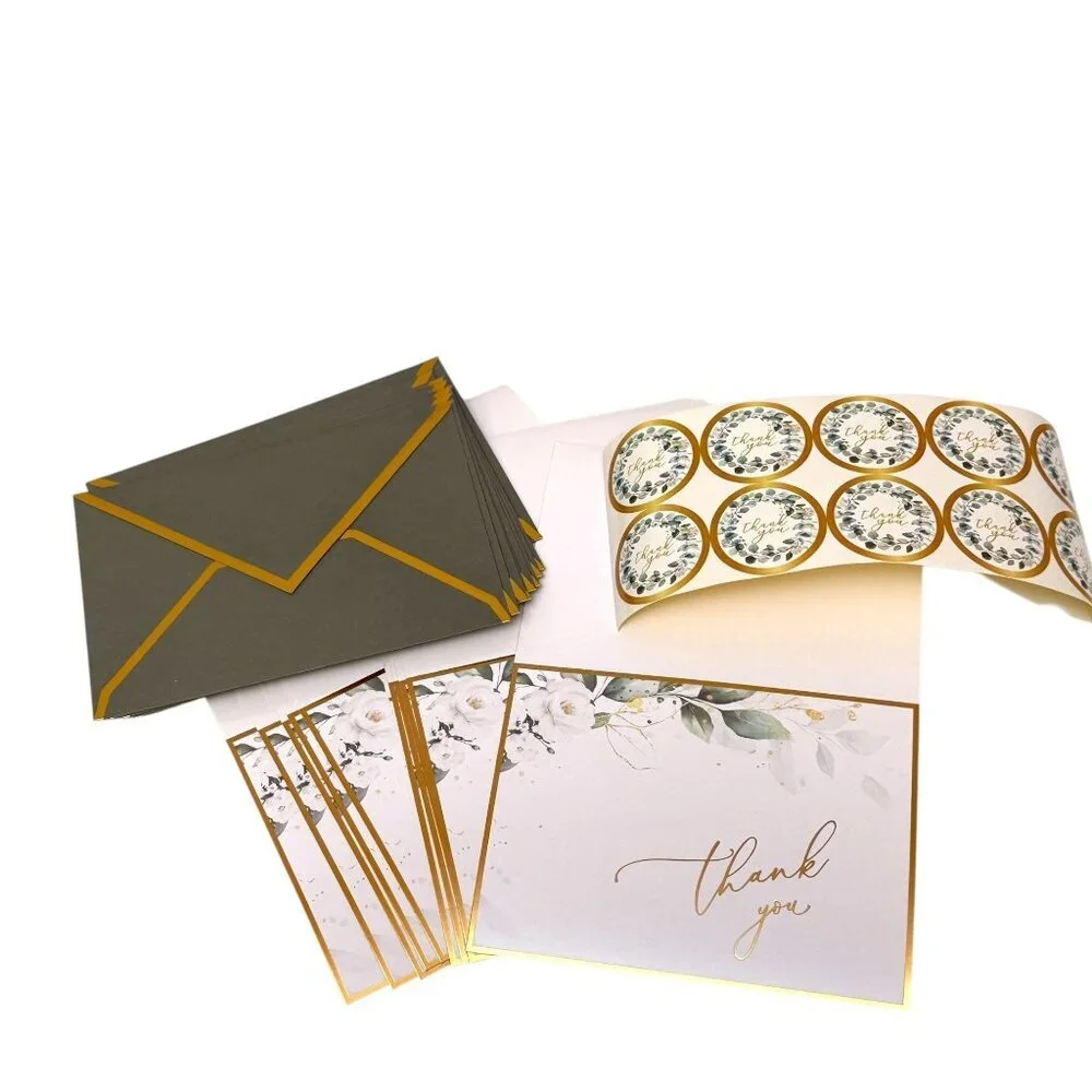 Thank you Cards Set of 10 Green Leaf Design w/ Stickers and Envelopes 3.75x5
